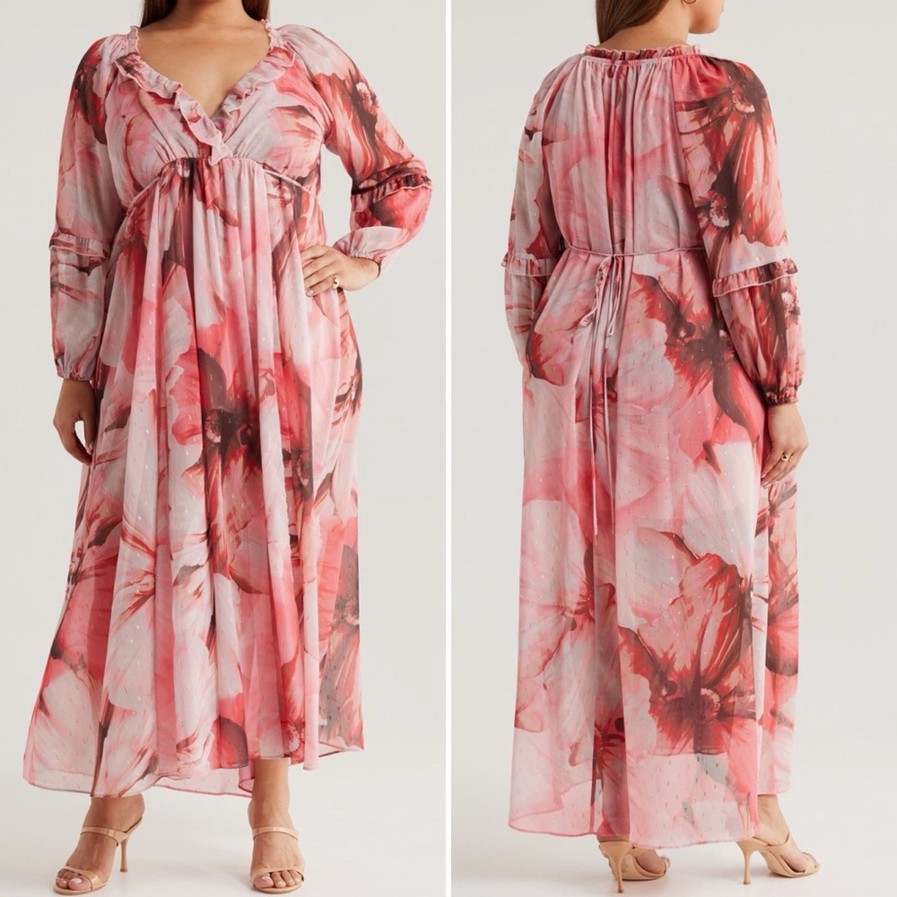 Socialite Metallic Floral Print Long Sleeve Maxi Dress